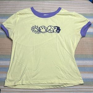 Rue 21 embroidered graphic ring trim cap sleeve tee yellow / purple size L